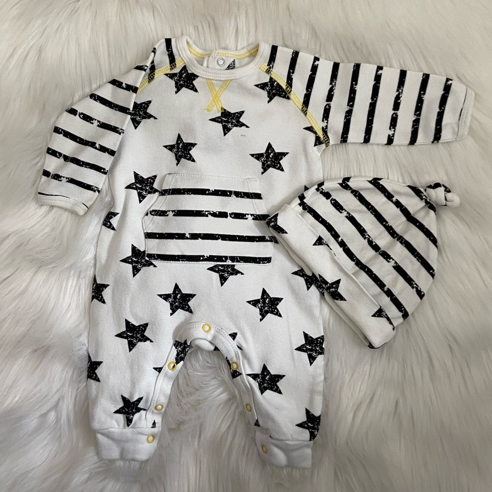 White and Black Layette Set with hat 0-3 mos